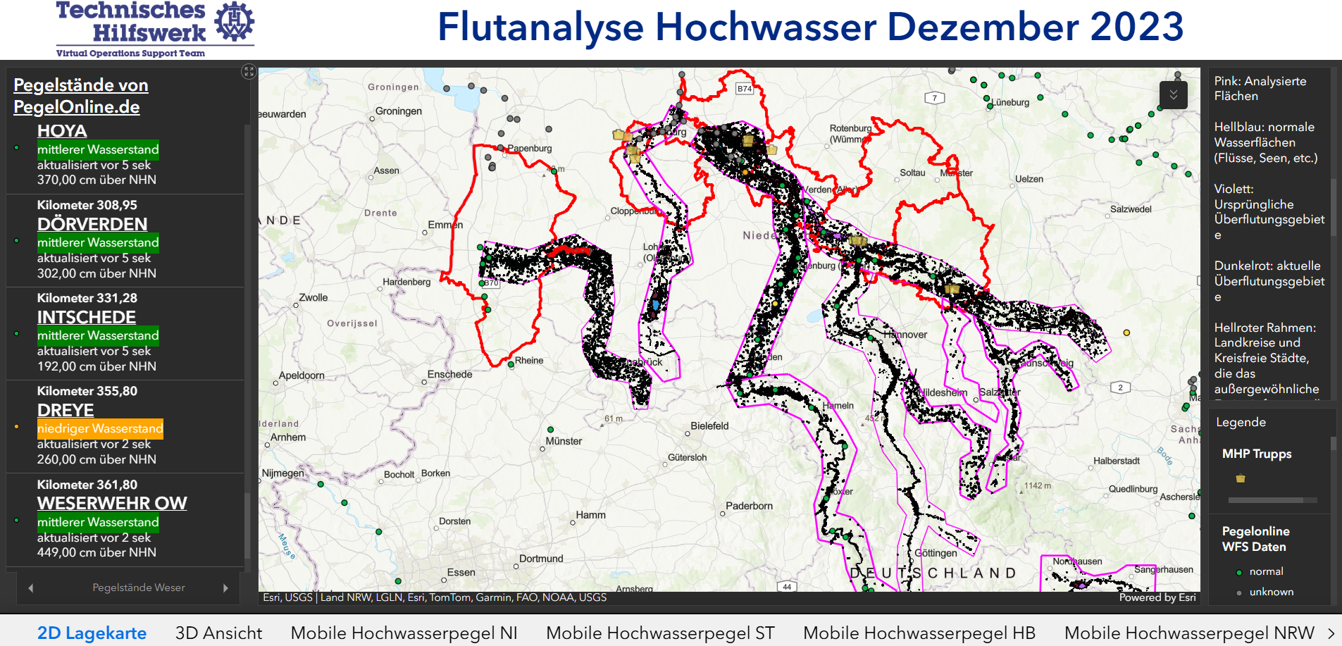 Man sieht eine 2D-Lagekarte mit der Überschift: Flutanalyse Hochwasser Dezember 2023/24